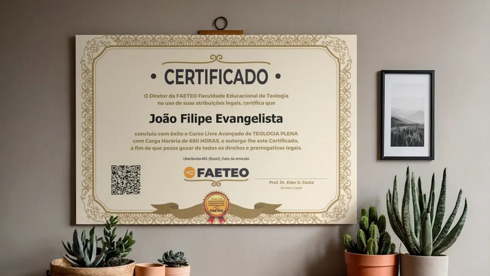 Modelo de certificado do curso de teologia da FAETEO